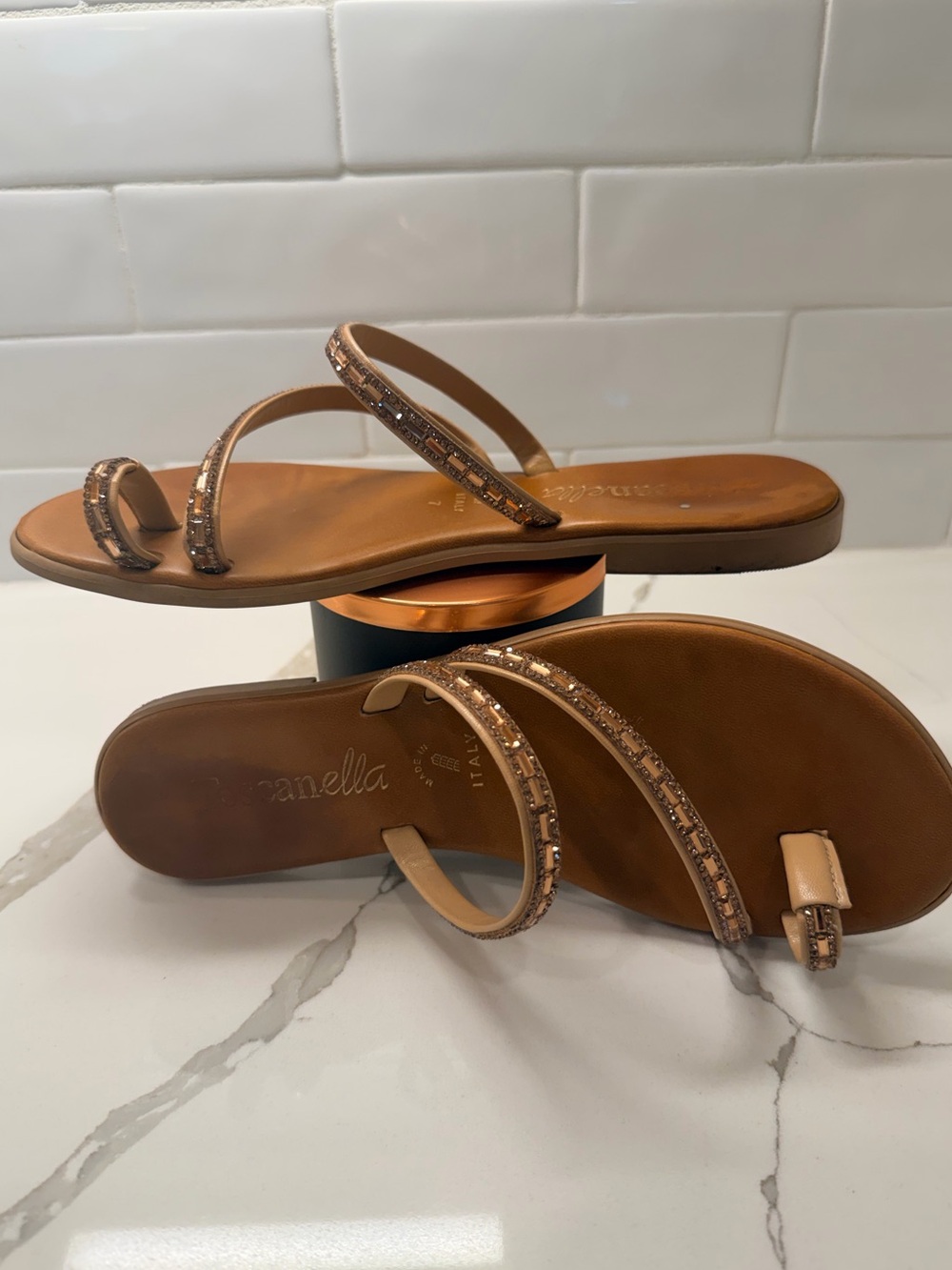 Toscanella Beige Crystal-Strap Toe-Ring Slide Sandals